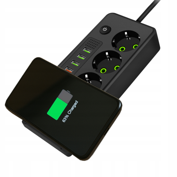 Сетевой фильтр-удлинитель QL-1080u 3 розетки 4-USB 2-Type-C с беспроводной зарядкой черный 900000000036IMP фото