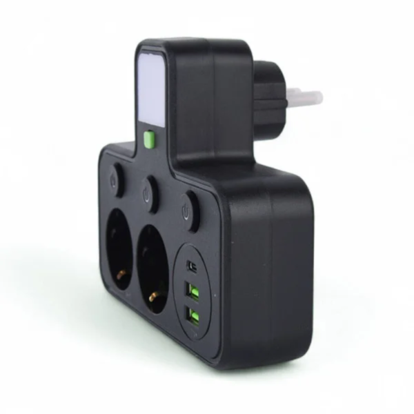 Мережевий адаптер з вимикачем і нічник QL-1137u 10A 2 розетки 2-USB 1-Type-C чорний 900000000040IMP фото