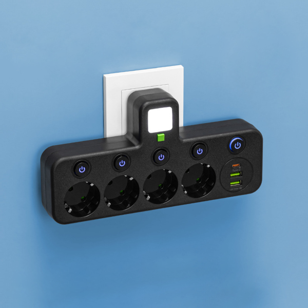 Сетевой адаптер с выключателем и ночник QL-1139u 10A 4 розетки 2-USB 1-Type-C черный 900000000042IMP фото