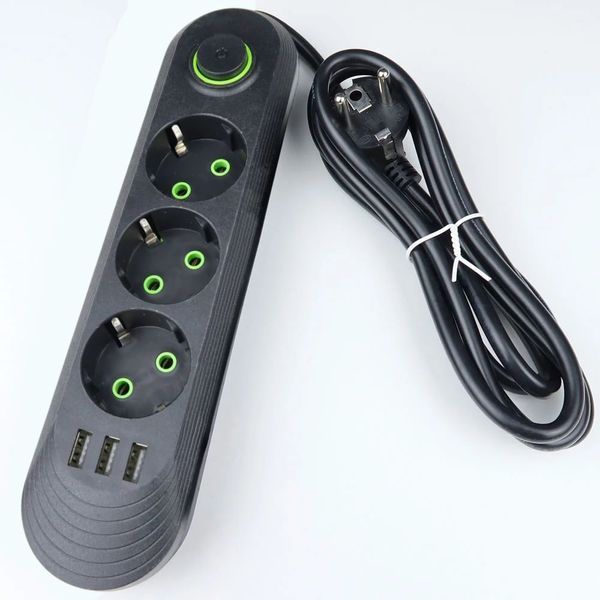 Мережевий подовжувач QL-1071U, 3 розетки + 3 USB, з вимикачем, 2 м, 2500 Вт, чорний 900000000026IMP фото
