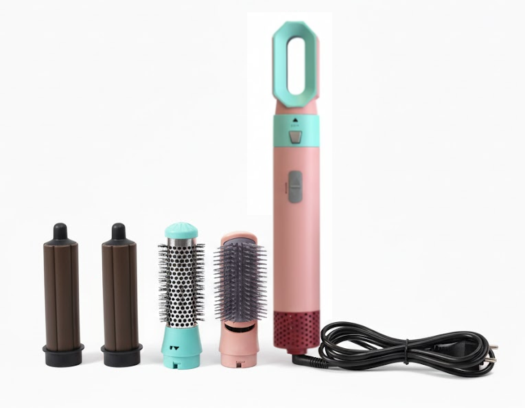 Фен-щітка мультистайлер Hot Air Styler 5 в 1 з насадками для укладки завивки і об'єму волосся рожевий в кейсі eve1251 фото
