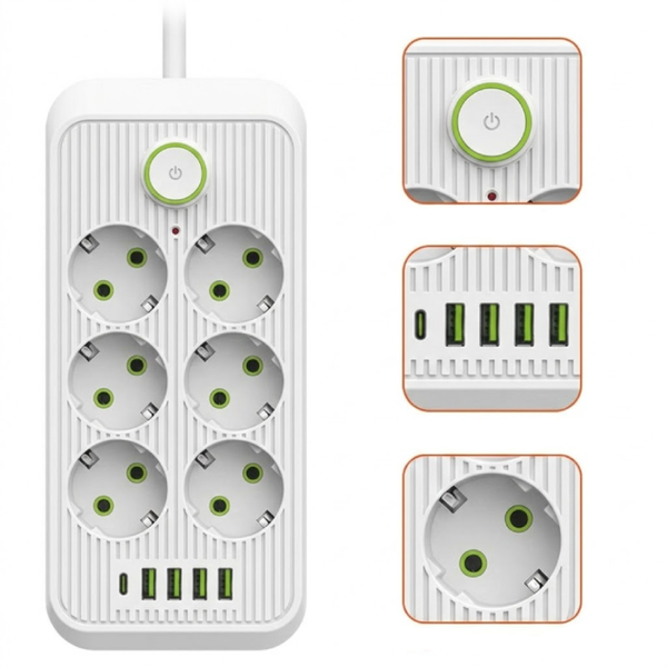 Мережевий фільтр-подовжувач QL-1075u 6 розеток 4-USB 1-Type-C білий 900000000029IMP фото
